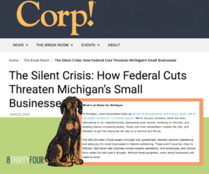 Kim's dog Joey poses next to her excerpt in the Corp! Magazine article, The Silent Crisis: How Federal Cuts Threaten Michigan’s Small Businesses