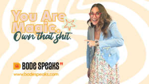 Kim Bode points to text reading, "You are magic. Own that shit."