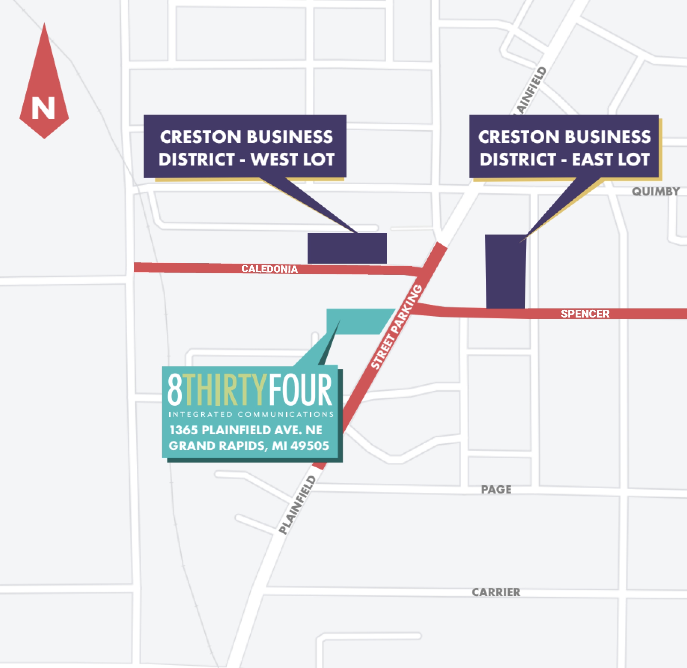 Street parking by 8THIRTYFOUR can be found along Plainfield, Spencer, and Caledonia. Lot parking is in the Creston Business District West and East Lots.