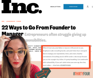 Kim Bode poses next to an excerpt from her Inc. Magazine article, "22 Ways to Go From Founder to Manager"