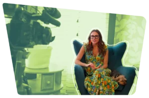 Kim Bode gives an interview to a camera in the 8THIRTYFOUR office.