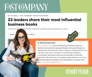 Kim Bode reads a book in front of the headline, "23 leaders share their most influential business books" from Fast Company