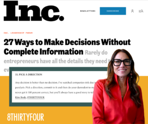 Kim Bode smiles in front of the Inc. Magazine headline, "27 Ways to Make Decisions Without Complete Information."