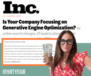 Kim Bode holds up her iced coffee next to the Inc. Magazine headline, "Is Your Company Focusing on Generative Engine Optimization?"