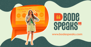 Kim Bode speaks at an event. A logo next to her reads, "Bode Speaks."