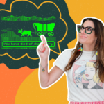 Kim Bode points to a scene from the video game Oregon Trail that reads, "You have died from dysentery."