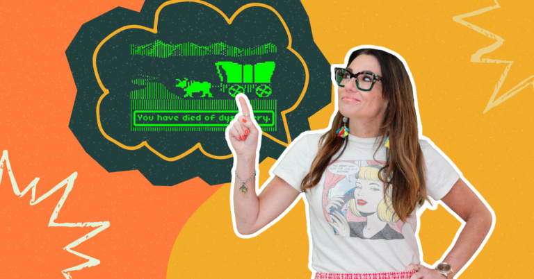 Kim Bode points to a scene from the video game Oregon Trail that reads, "You have died from dysentery."