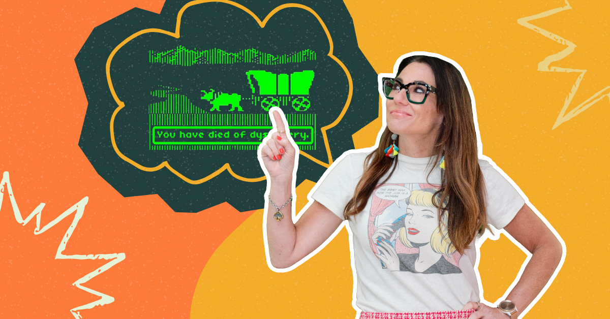 Kim Bode points to a scene from the video game Oregon Trail that reads, "You have died from dysentery."